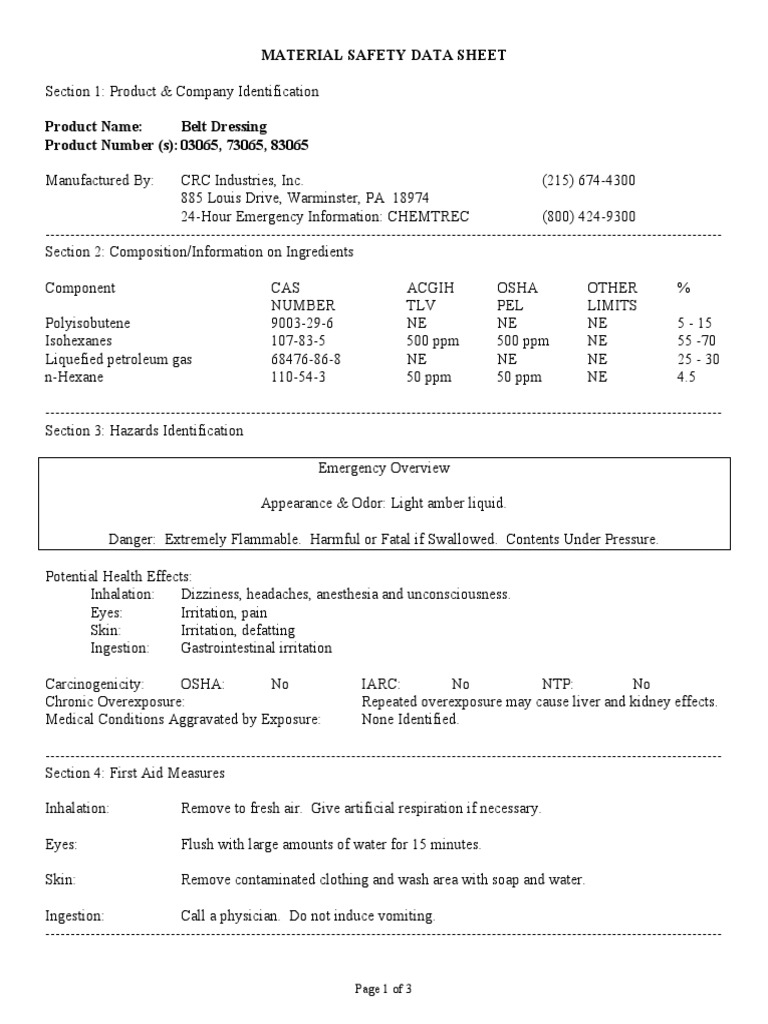 Belt Dressing MSDS PDF Materials Working Conditions