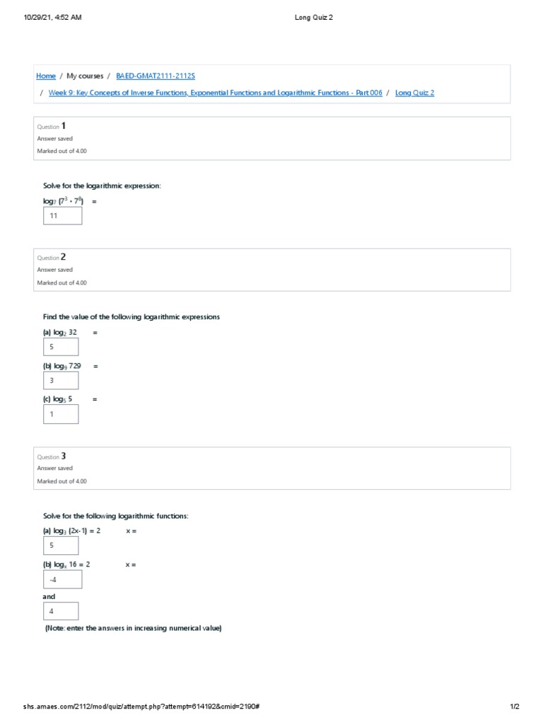 Logarithmic Functions Quiz Solutions | PDF | Exponentiation | Logarithm