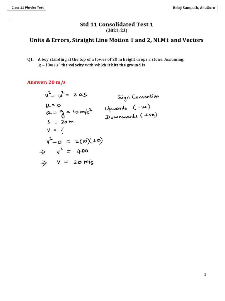 Class 11 Physics Test Solutions | PDF | Force | Applied And ...