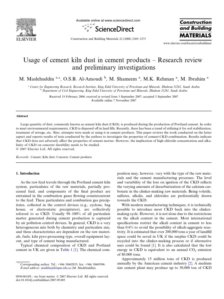 Usage of Cement Kiln Dust in Cement Products Research Review PDF