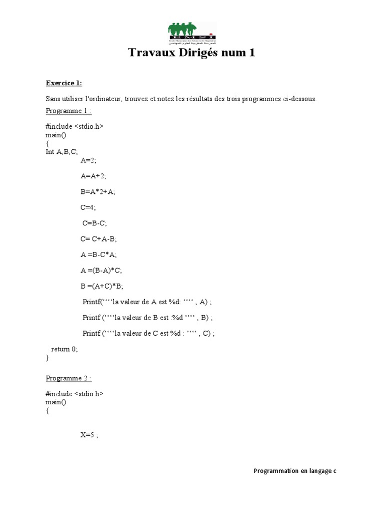 Exercices de Programmation en C | PDF | Informatique | Programmation ...