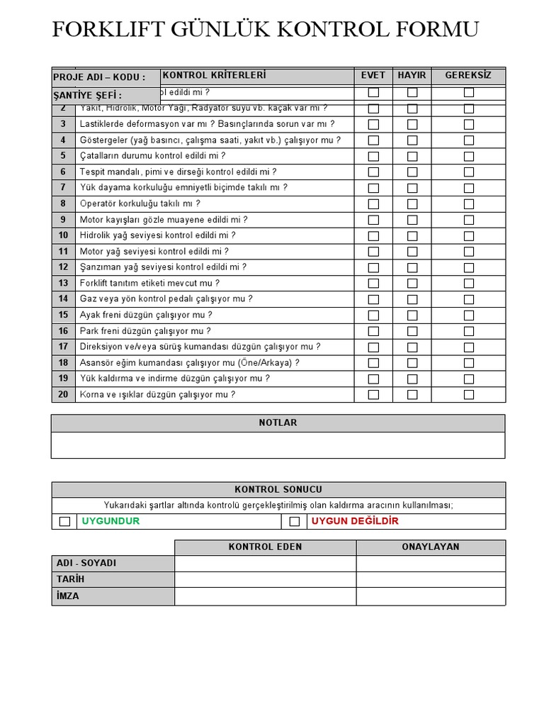 Forklift Gunluk Kontrol Formu PDF