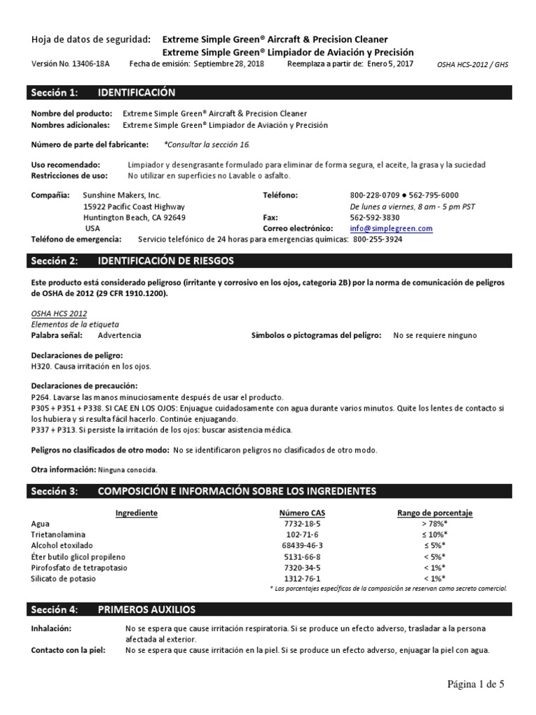 MSDS Xtreme Simple Green | PDF | Agua | Toxicidad