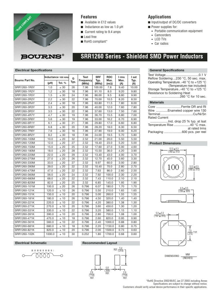 SRR1260 Series Shielded SMD Power Inductors Features Applications