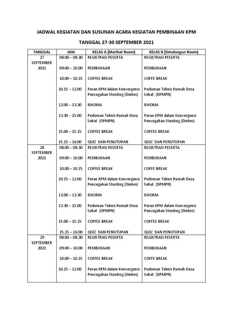 Jadwal Kegiatan Dan Susunan Acara Kegiatan Pembinaan KPM | PDF