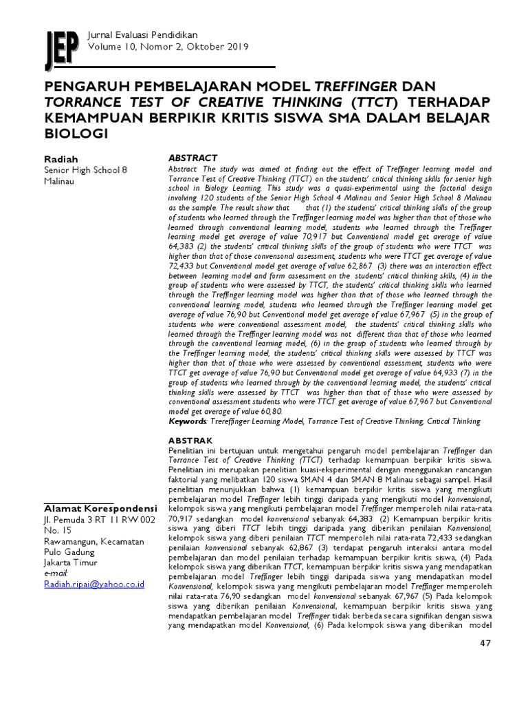 Treffinger Model & TTCT Impact on Critical Thinking | PDF | Cognition ...
