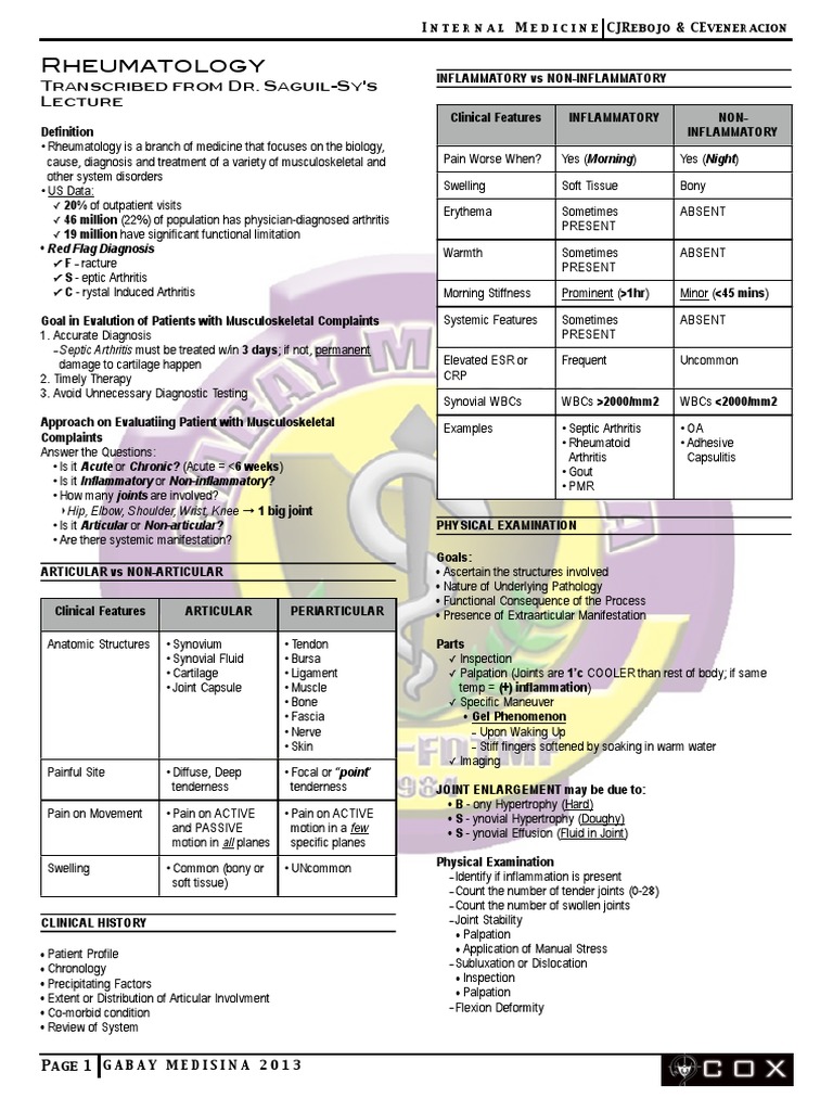 Rheumatology Red Flag Diagnosis PDF Arthritis Joint