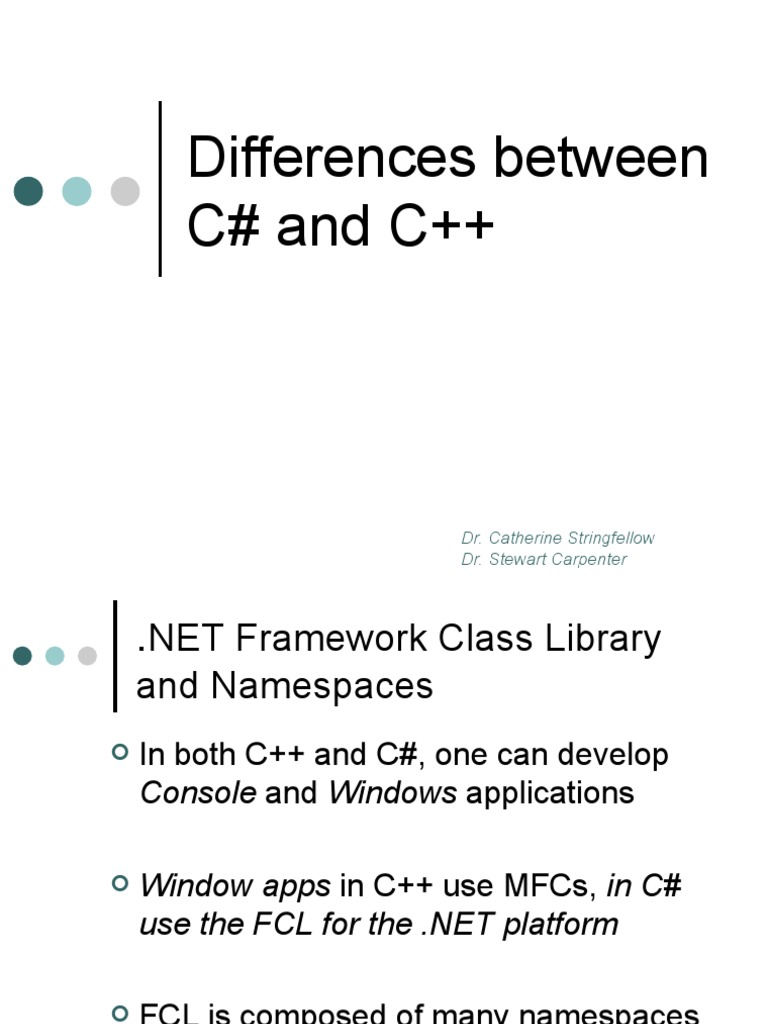 Differences Between C# and C++: Dr. Catherine Stringfellow Dr. Stewart ...