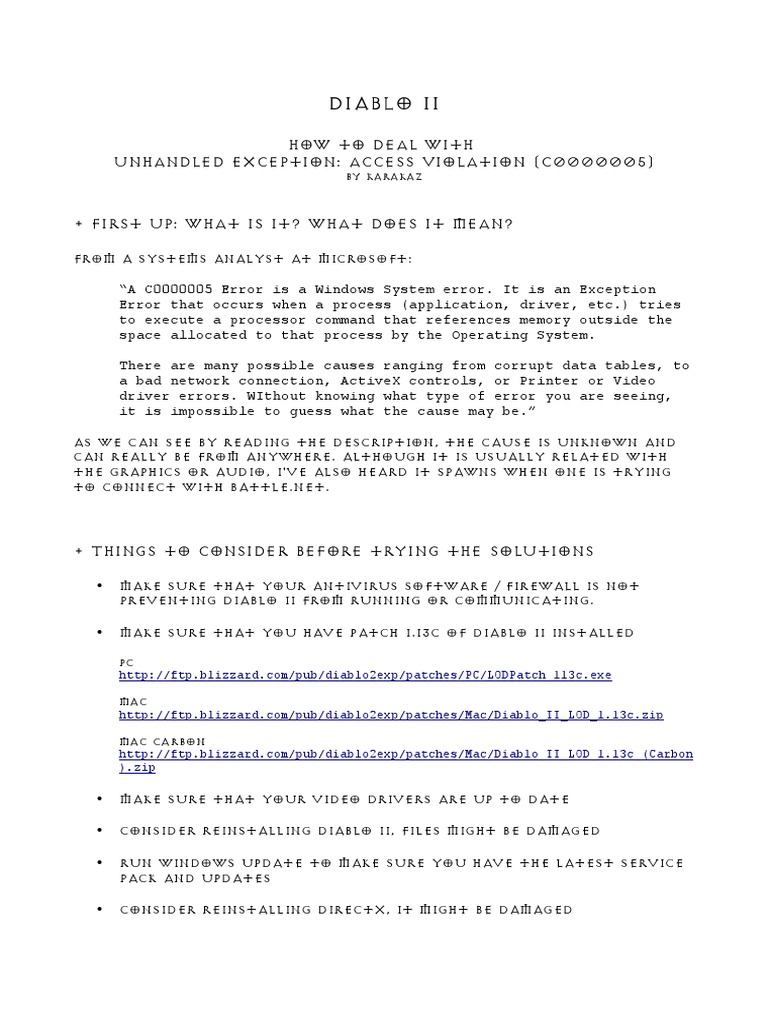 Diablo II How To Deal With Unhandled Exception Access Violation (C0000005) Descargar gratis
