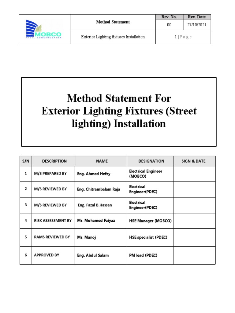 Method Statement For Exterior Lighting Fixtures (Street Lighting