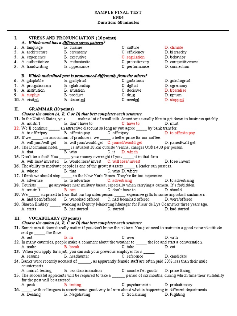 Final Test on Pronunciation and Grammar | PDF | Cross Cultural ...