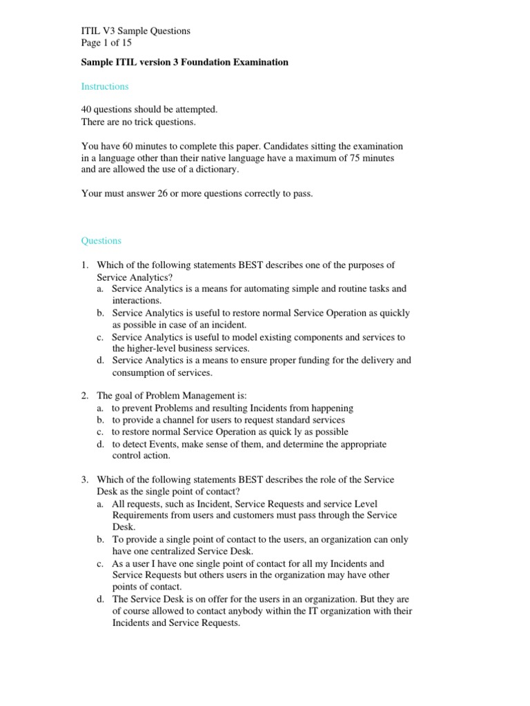 ITIL V3 Foundation Exam Sample Questions | PDF | Itil | It Service ...