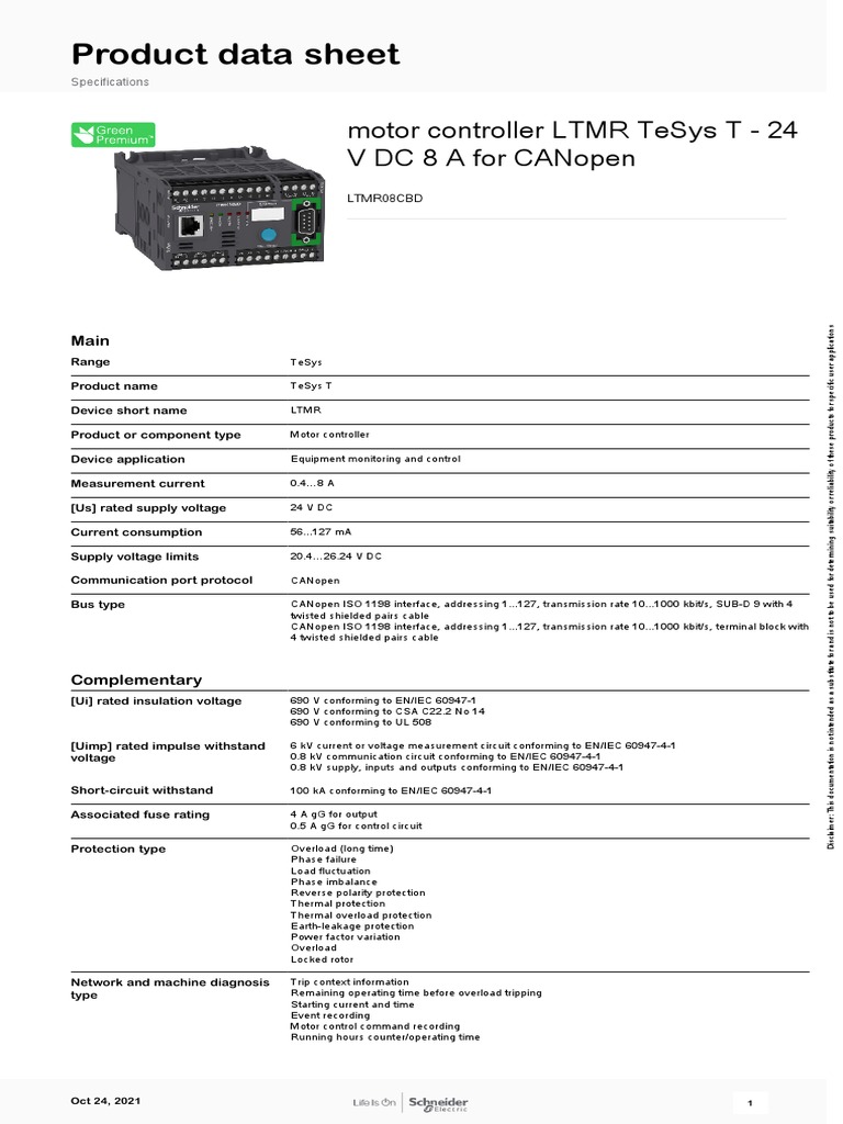 Product Data Sheet Motor Controller LTMR Tesys T 24 V DC 8 A For