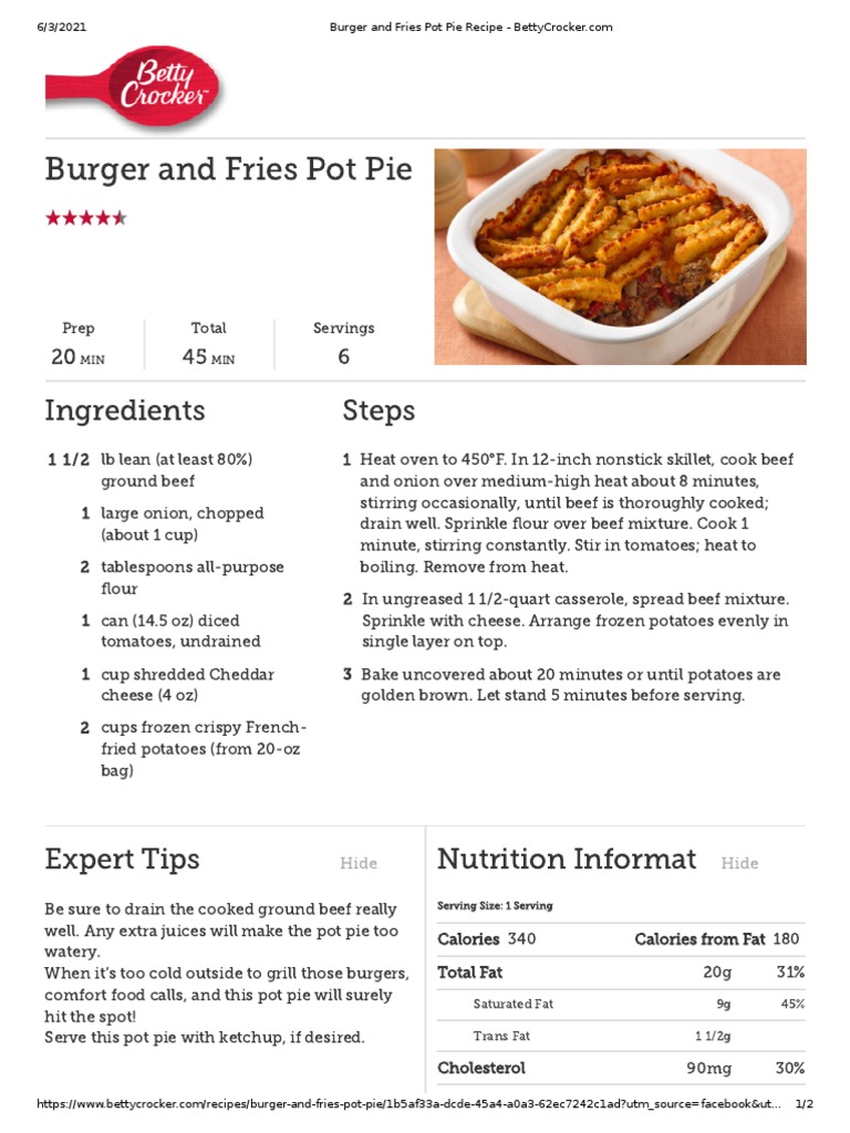 Burger and Fries Pot Pie Recipe PDF French Fries Cooking