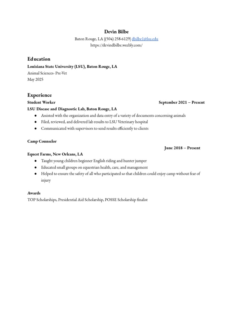 Devin Bilbe Lsu Resume 1 PDF - 1698091104