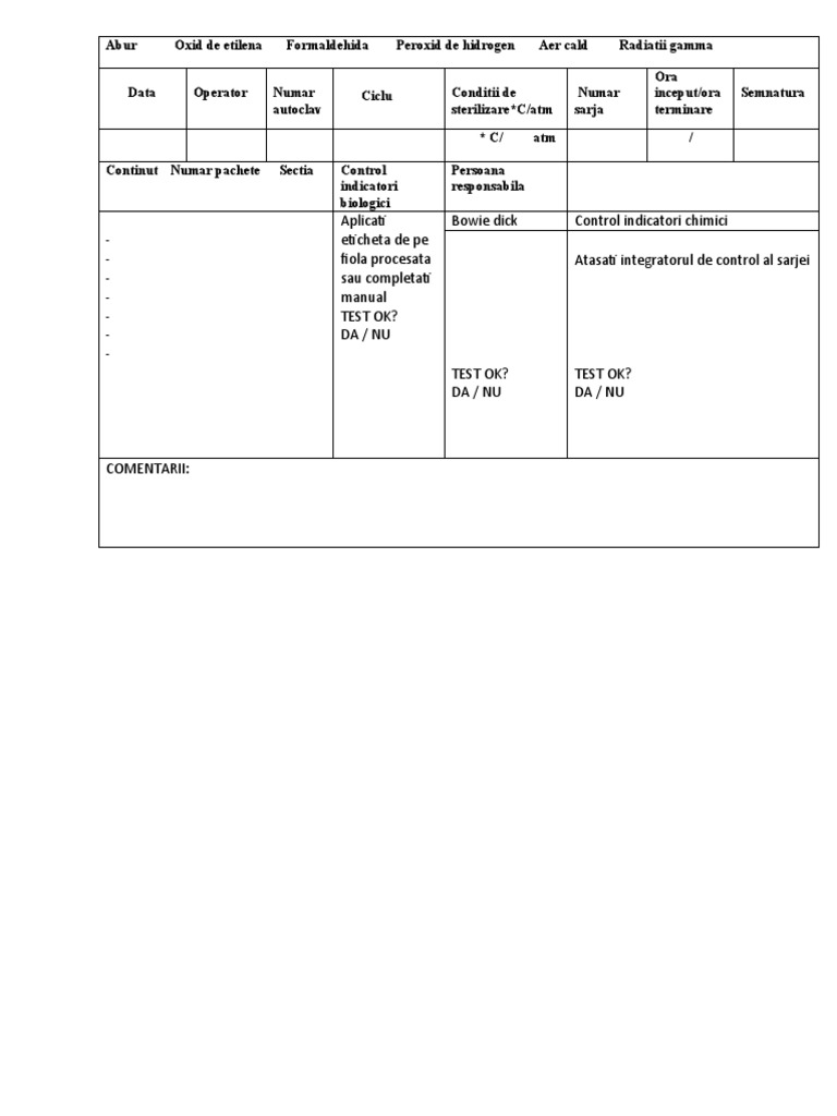 Sterilization Log Sheet Tracking Various Parameters Such As Date, Operator, Cycle Conditions
