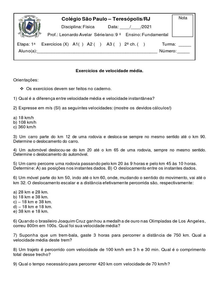 Exercicios Velocidade Média | PDF | Velocidade | Velocidade
