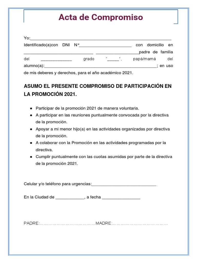 Modelo de Acta de Compromiso para Padres de Familia | PDF