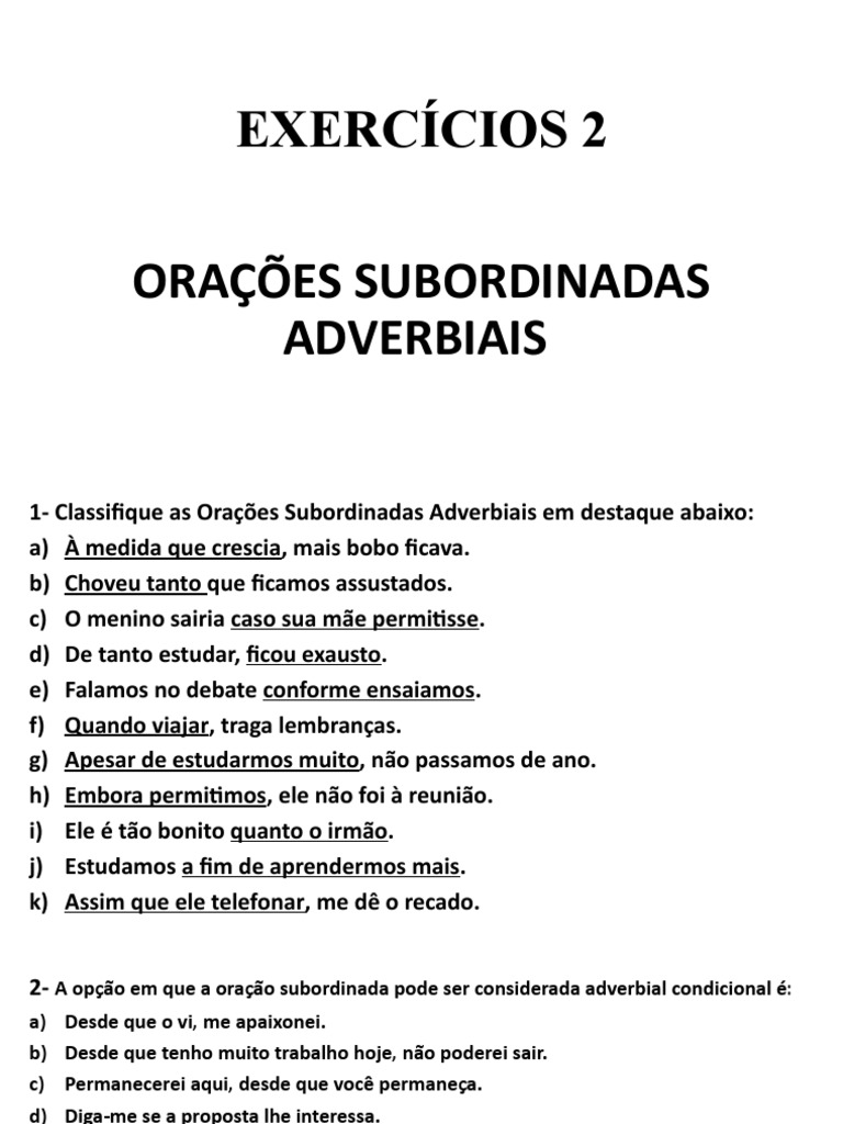 Exercícios sobre Orações Subordinadas Adverbiais | PDF | Sintaxe ...