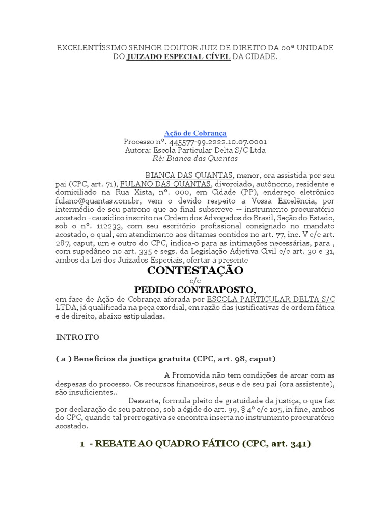 Modelo de Contestação Com Pedido Contraposto Ação de Cobrança | PDF ...