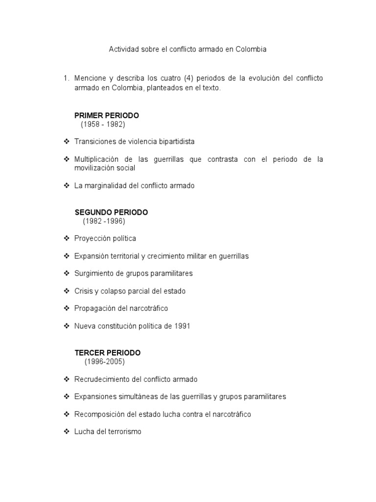 Actividad Sobre El Conflicto Armado en Colombia | PDF | Guerra de ...
