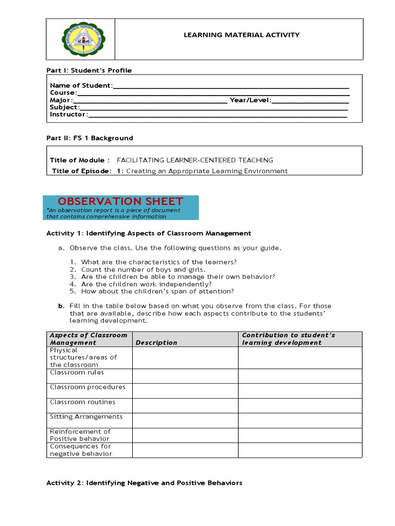 M1 Ep1 Activity Sheet 1 | PDF | Classroom | Learning