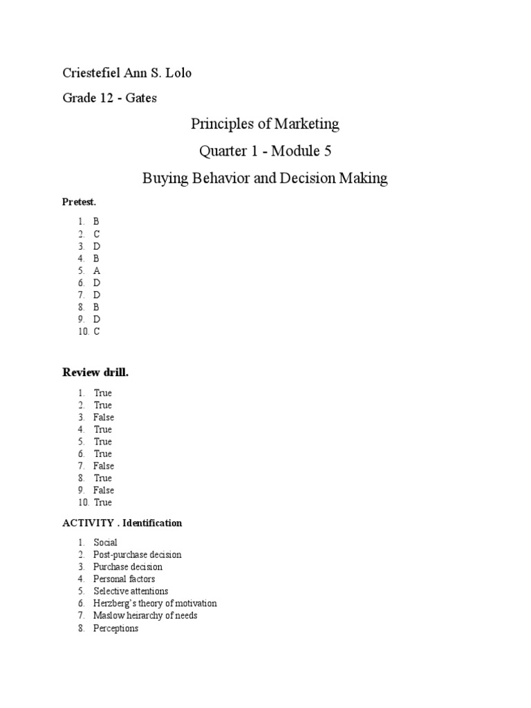 LOLO Principles of Marketing Q1 M5 | PDF | Motivation | Motivational