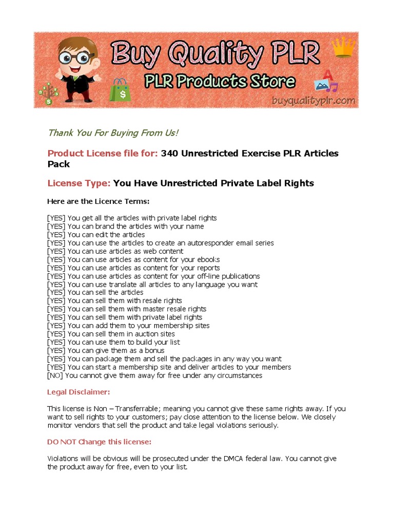 Unrestricted Exercise PLR Articles License | PDF | Marketing | Business
