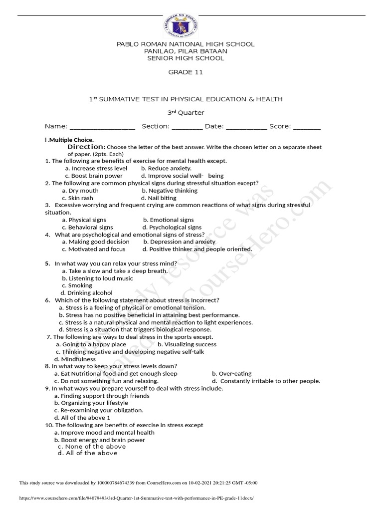Grade 11 PE & Health 1st Quarter Exam | PDF | Stress (Biology) | Anxiety
