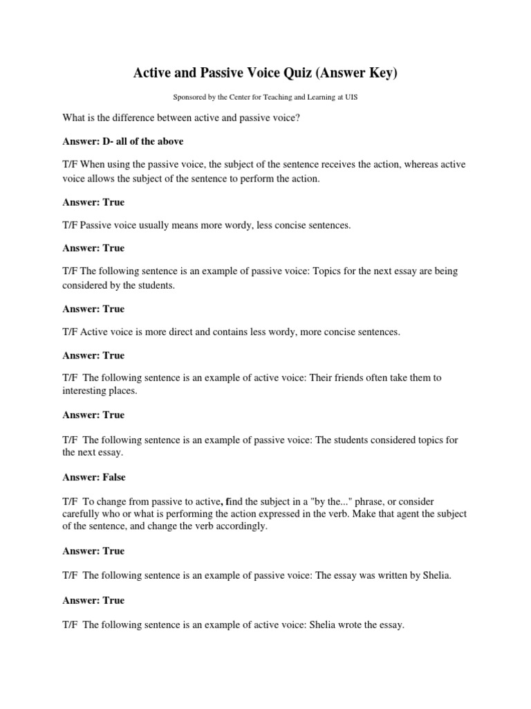 Active and Passive Voice Quiz Answer Key | PDF | Subject (Grammar) |  Sentence (Linguistics)