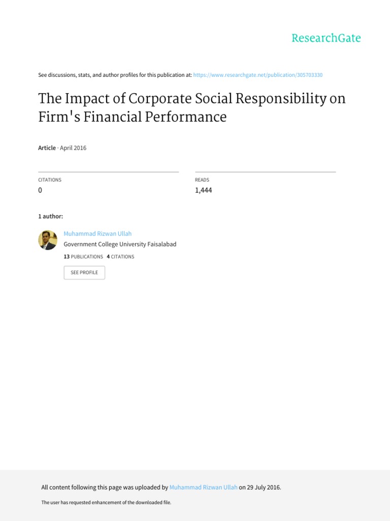 The Impact of Corporate Social Responsibility On Firm's Financial ...