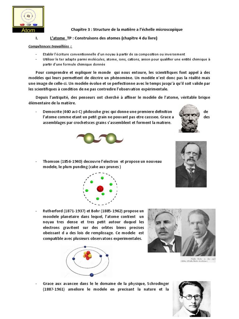 Le Modèle De L Atome à Travers Le Temps Correction Chapitre 3 Seconde Atome | PDF | Proton | Éléments chimiques