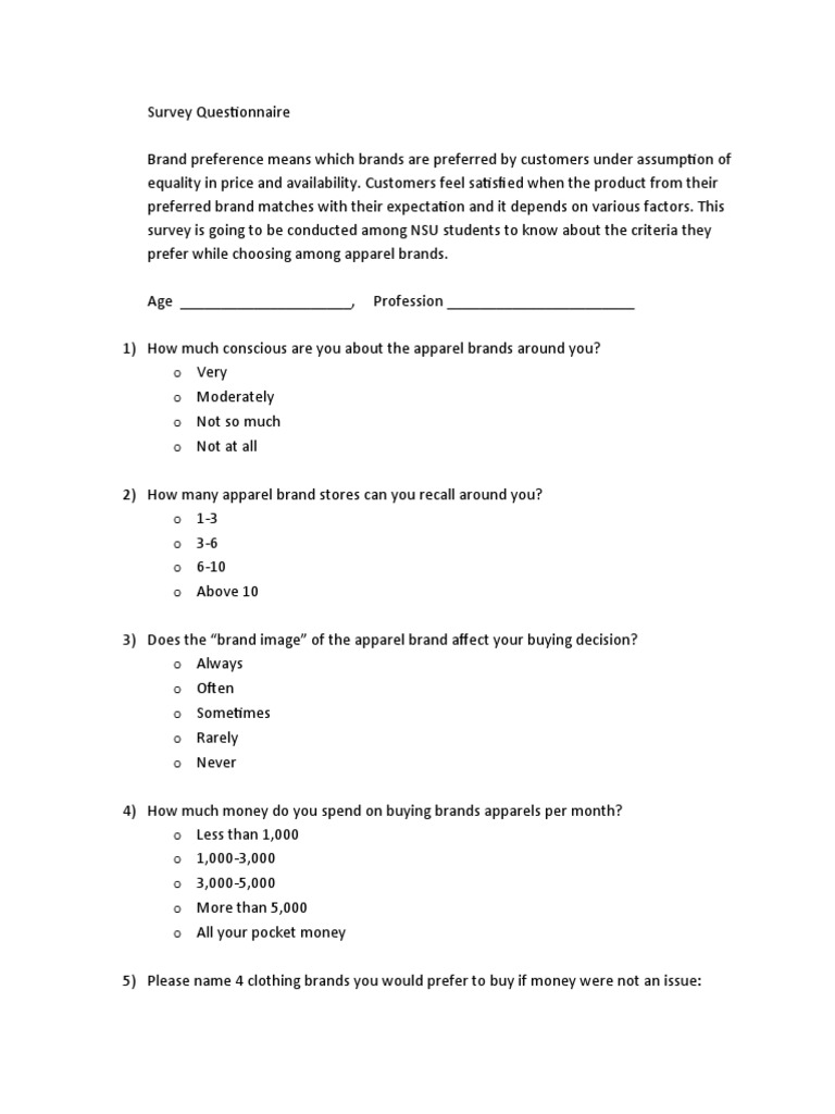 Survey Questionnaire PDF Brand Clothing