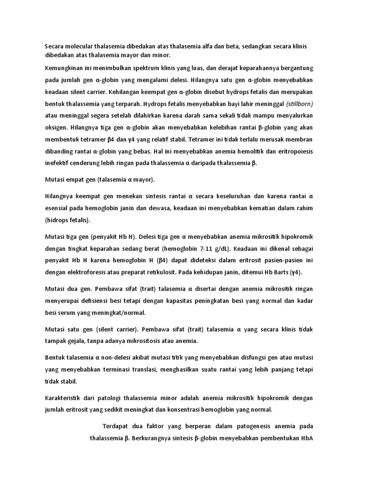 Secara Molecular Thalasemia Dibedakan Atas Thalasemia Alfa Dan Beta Pdf