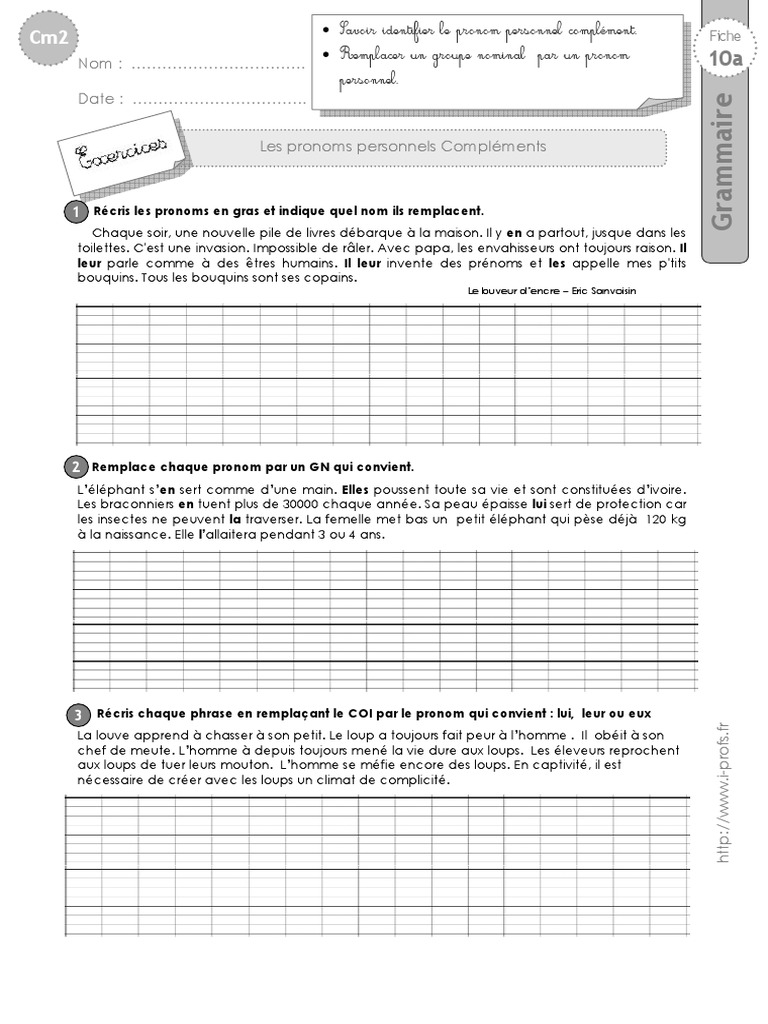 Exercices sur les pronoms pour CM2 | PDF | Lion | Complément d'objet
