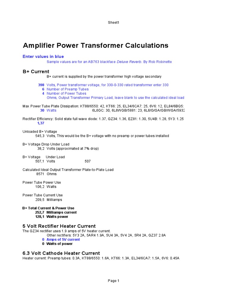 Amplifier Power Transformer Calculations B+ Current PDF