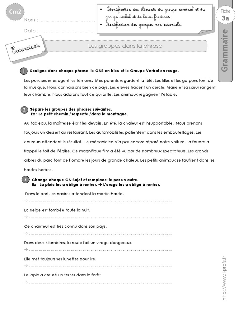 Accord Dans Le Groupe Nominal Cm2 cm2 Exercices Groupes Phrase | PDF | Phrase
