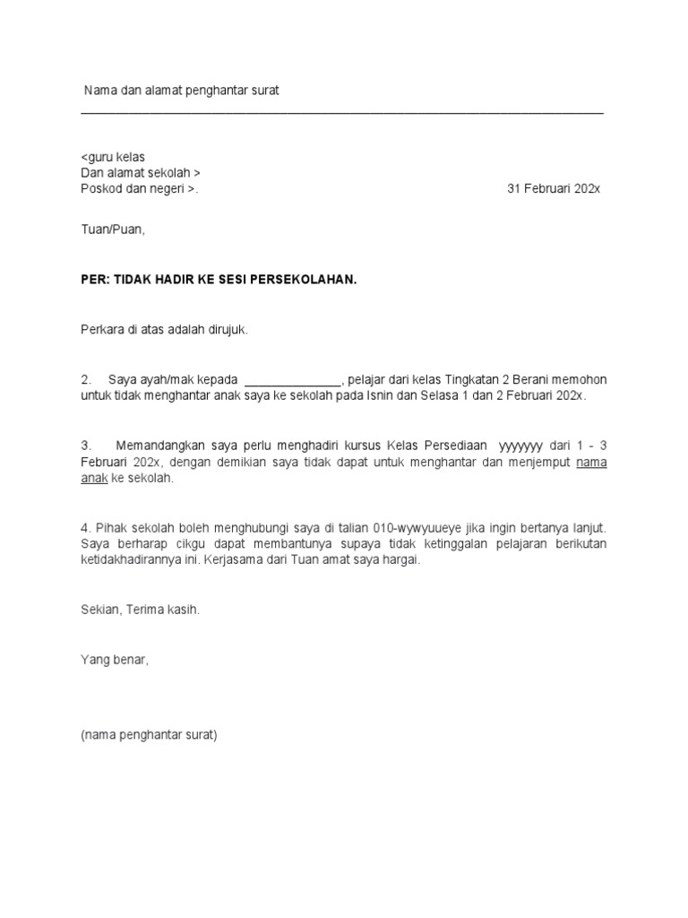 Surat Rasmi Tidak Hadir Ke Sekolah Pdf