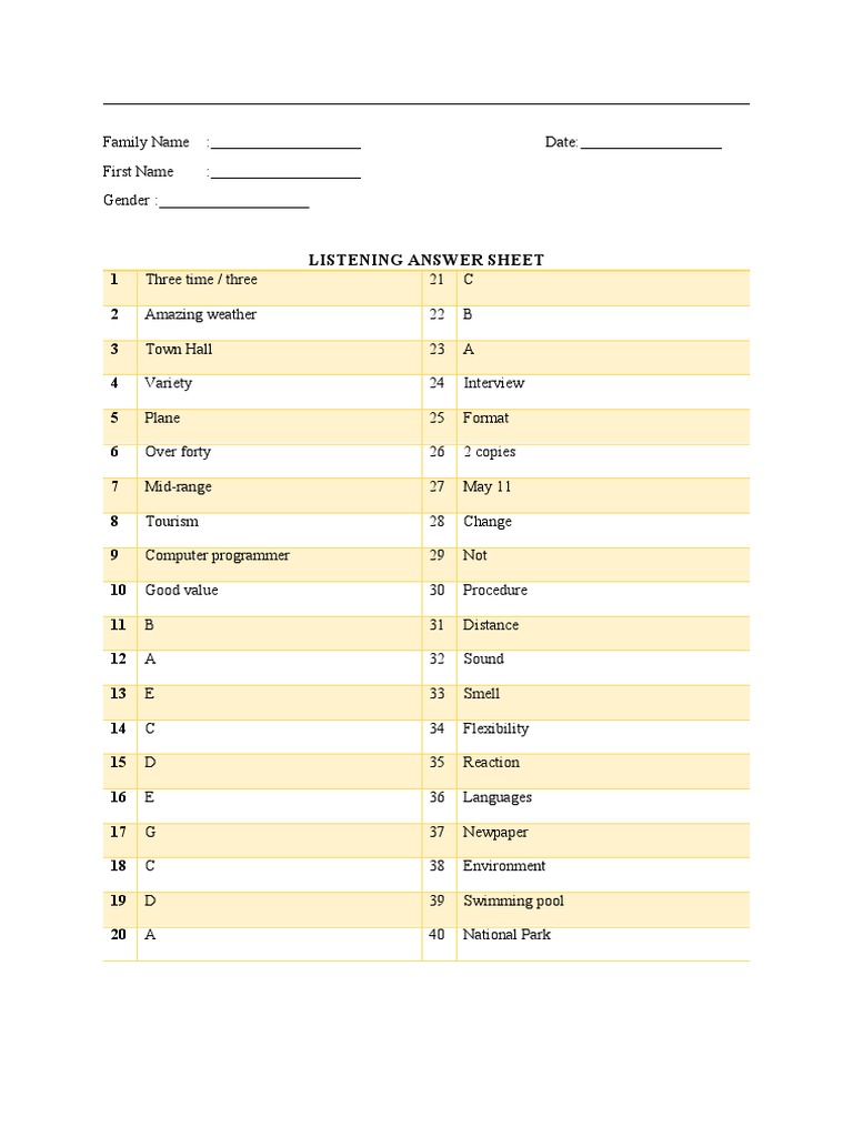 Listening Answer Sheet Template | PDF