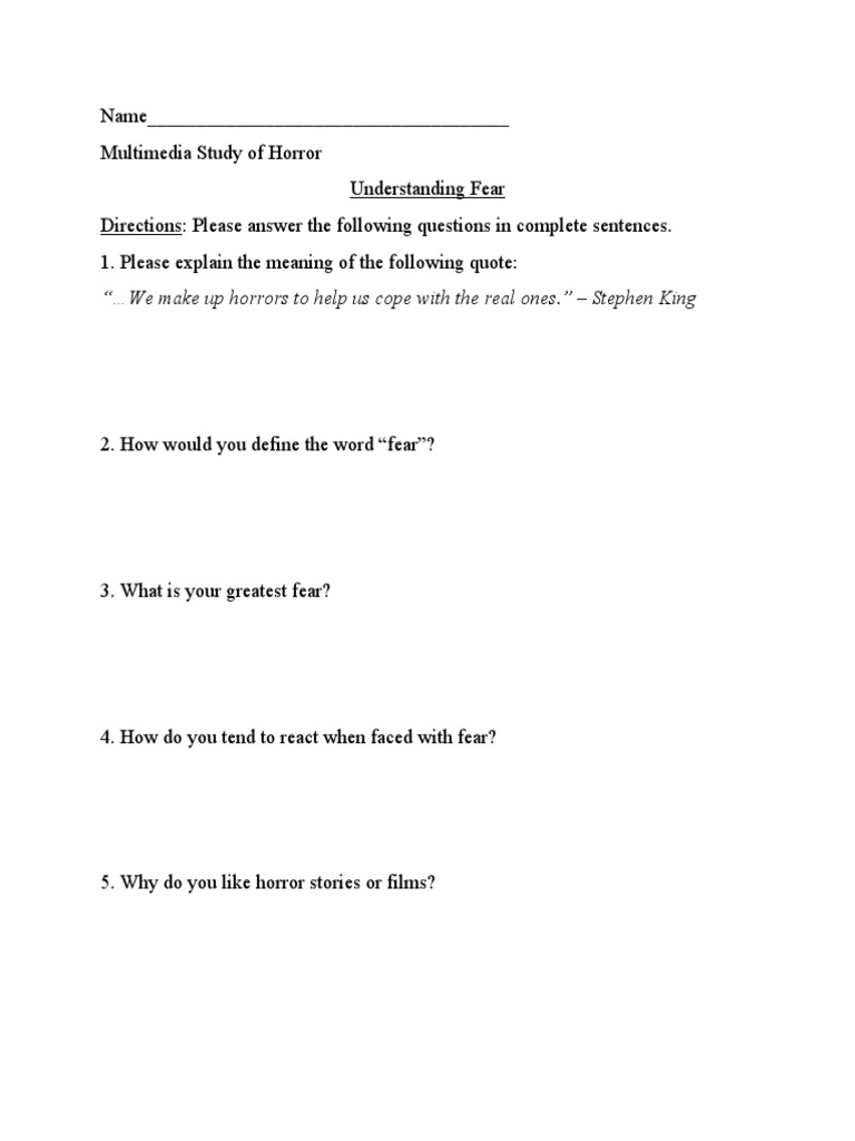 Understanding Fear Worksheet | PDF