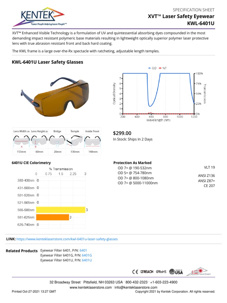 Kentek KWL 6401U Laser Safety Glasses PDF