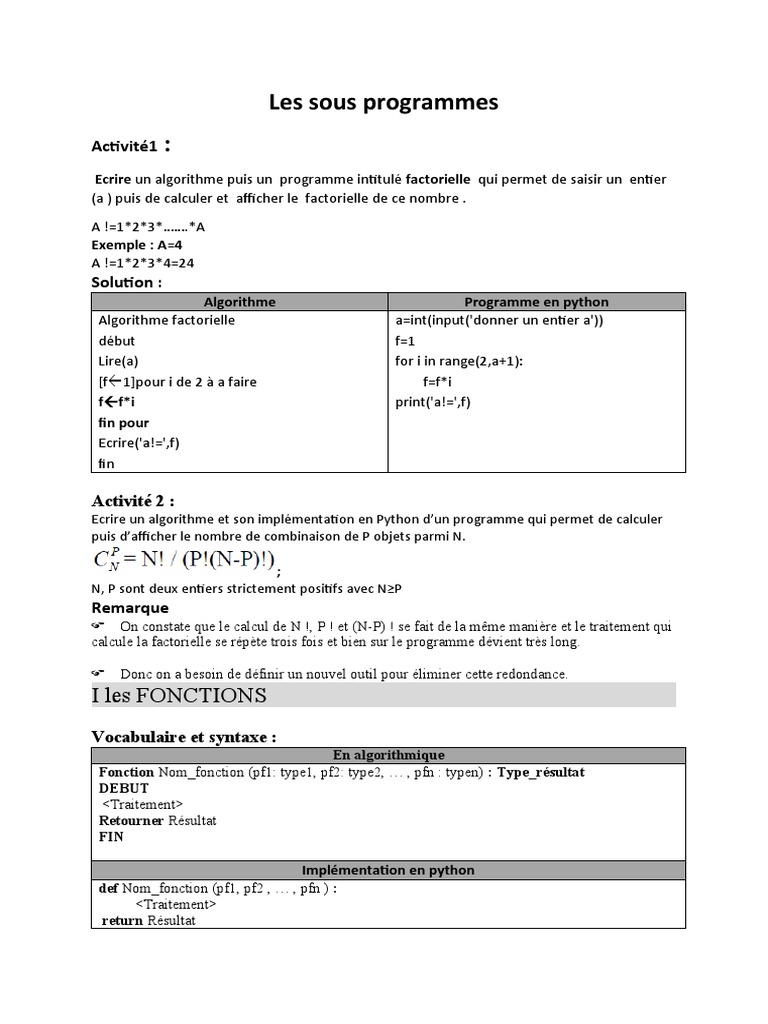Sous-programmes en Python : Factorielle et Combinaisons | PDF | Python ...