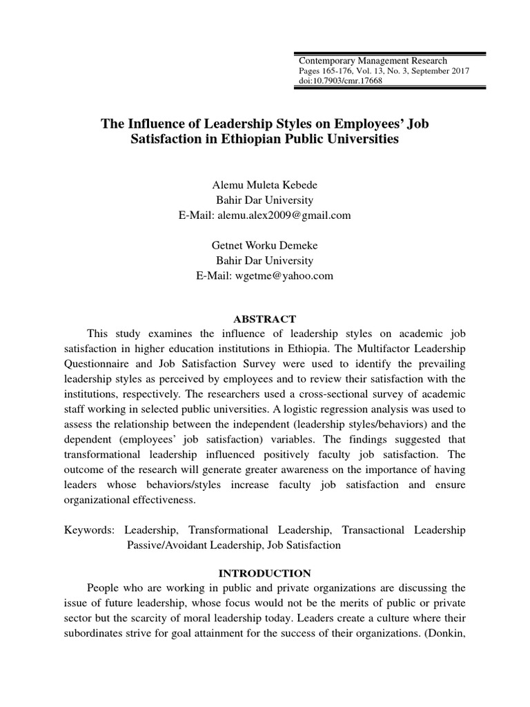 Leadership Styles and Job Satisfaction in Ethiopia | PDF | Leadership ...