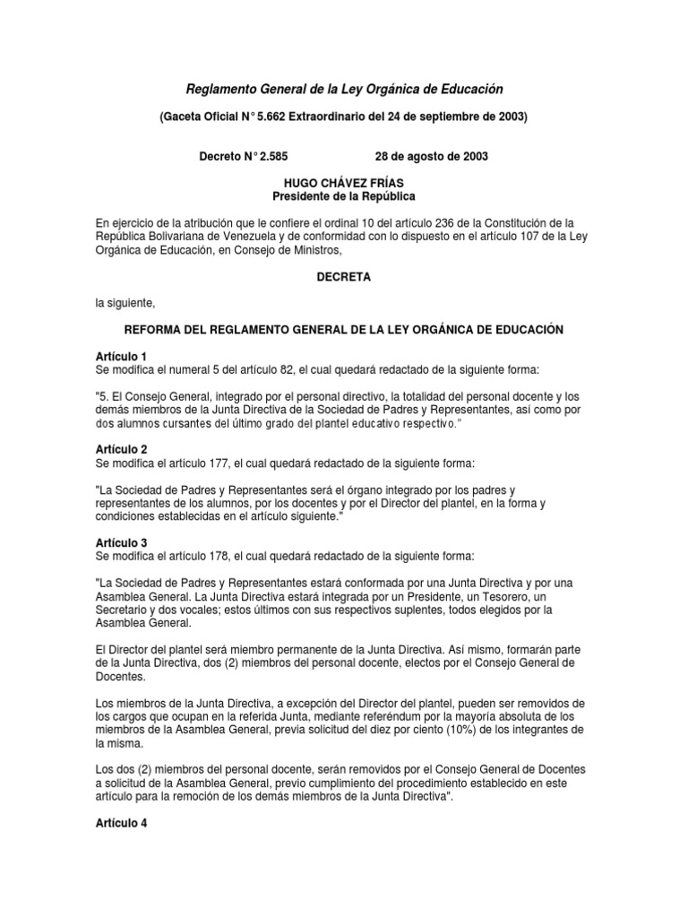 Reglamento General de La Ley Orgánica de Educación | PDF | Educación de ...