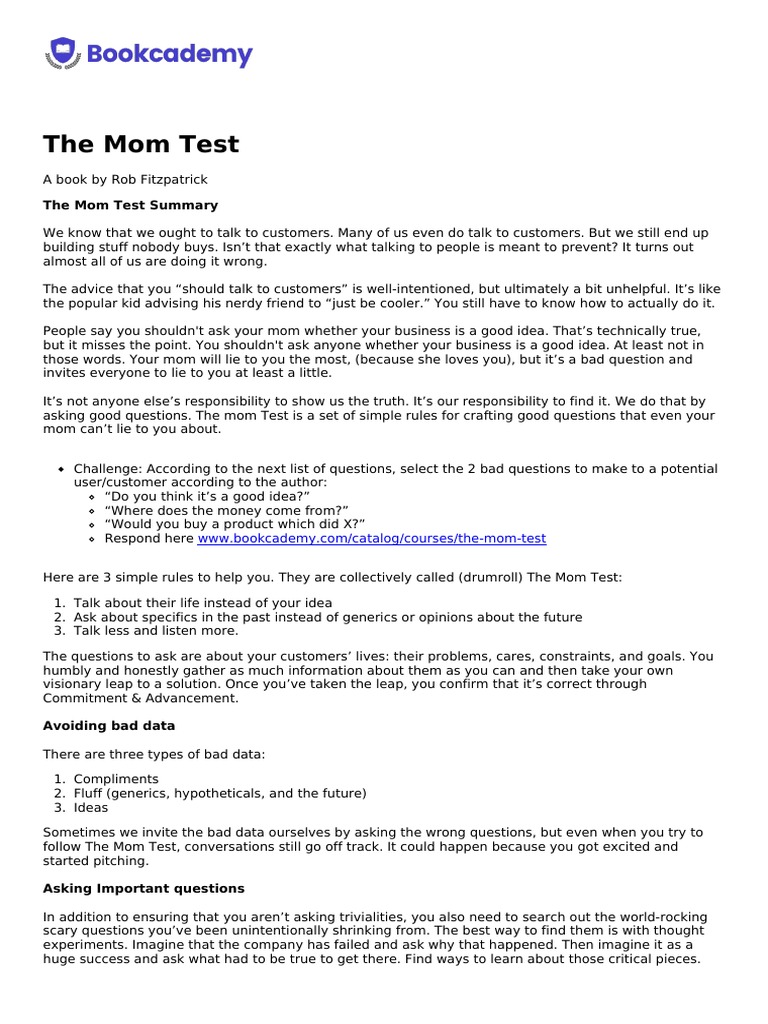 The Mom Test by Rob Fitzpatrick Book Sum PDF Motivation Motivational