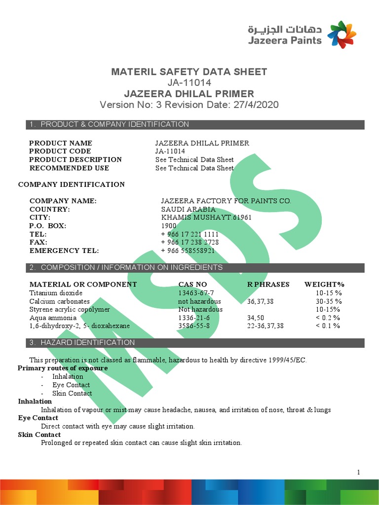 Jazeera Dhilal PrimerMsds PDF Personal Protective Equipment Toxicity