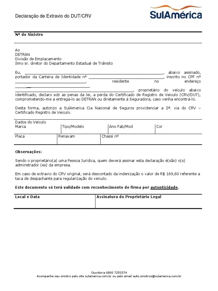 Declaração de Extravio do DUT/CRV | PDF