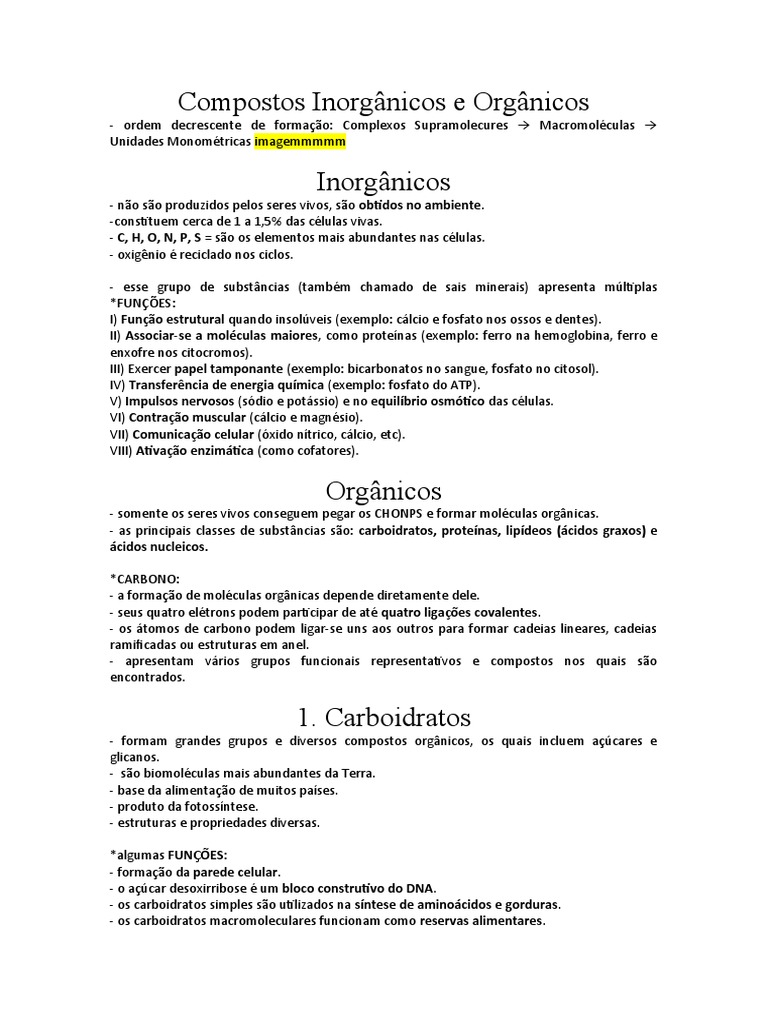 (Resumo) Compostos Inorgânicos e Orgânicos | PDF | Carboidratos | Glicose