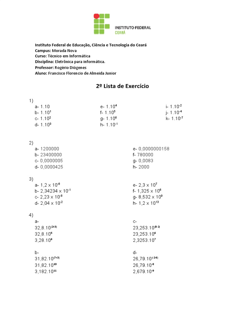 2º Lista de Exercício - Notação Científica | PDF