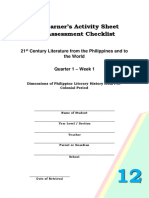 Learner's Activity Sheet Assessment Checklist: 21 Century Literature From The Philippines and To The World - Week 1